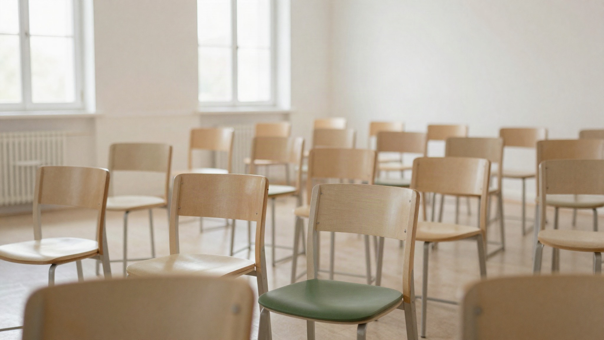 Filas de sillas de madera idénticas en una sala luminosa y vacía