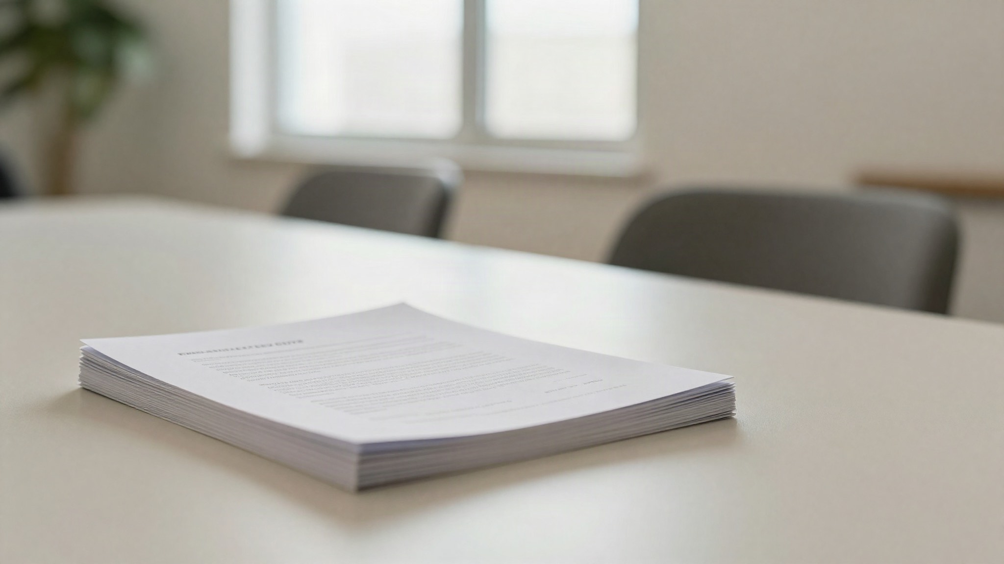 Documento contractual nuevo sobre una mesa de reuniones con luz de día