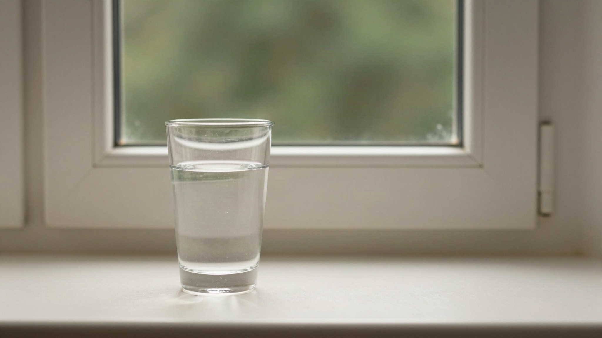 Vaso de agua transparente en el alféizar de una ventana con la luz atravesándolo
