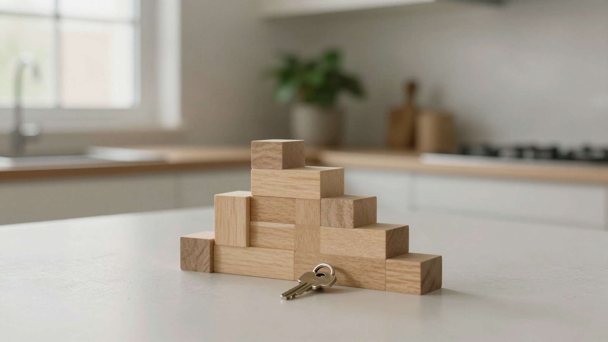 Bloques de madera formando escalones ascendentes en una cocina, con una llave de casa en la base