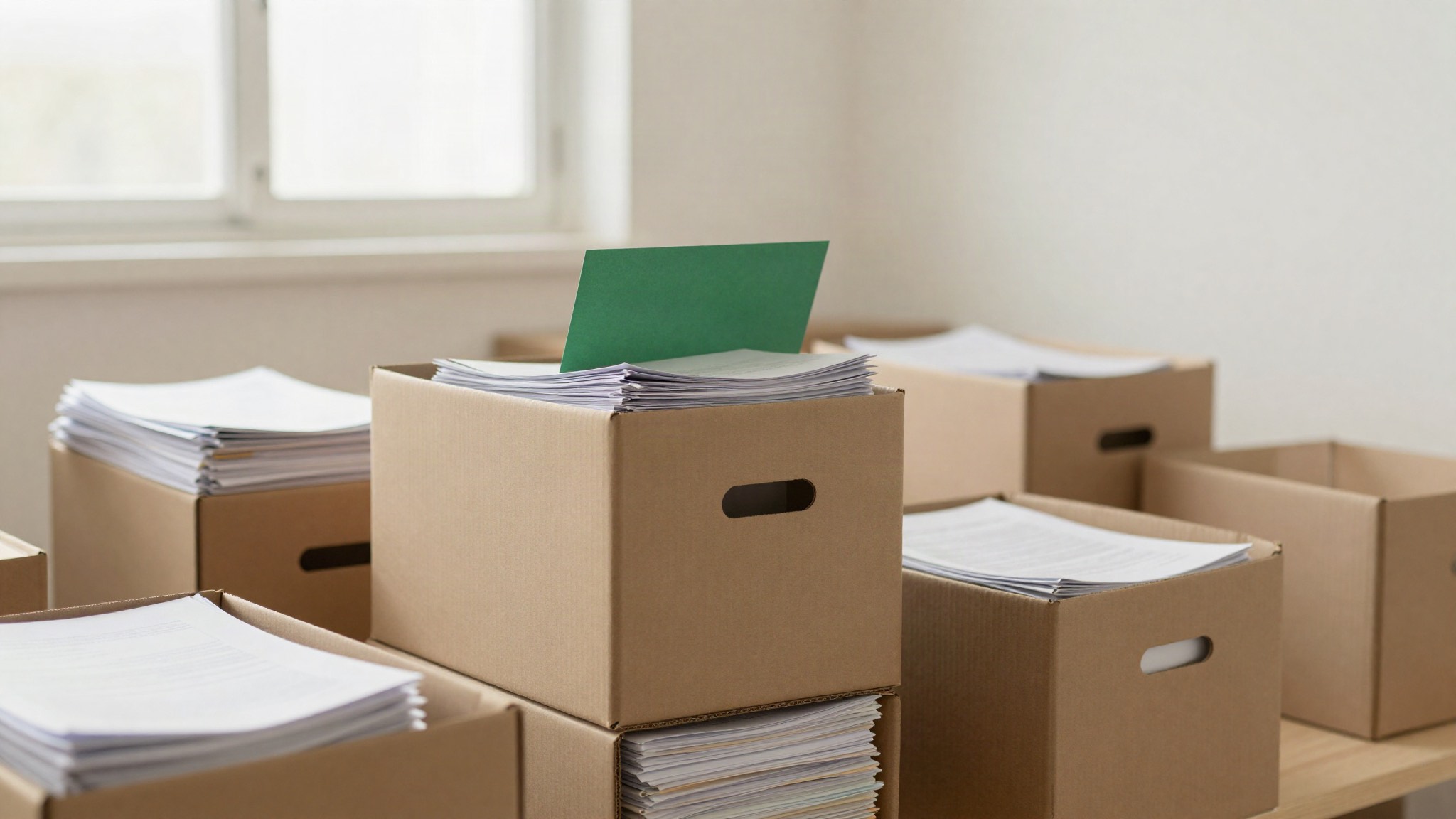 Cajas de archivo de cartón llenas de expedientes en una sala luminosa