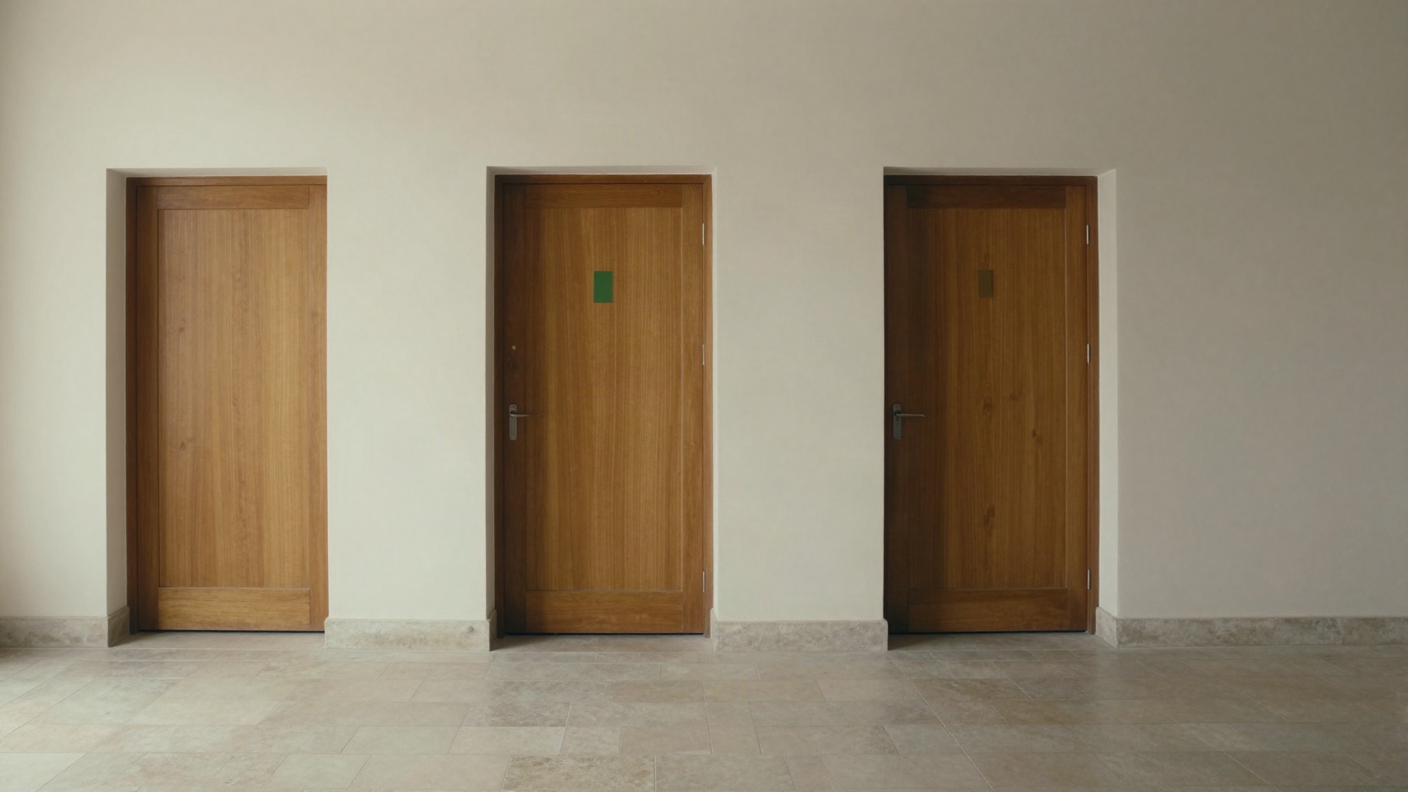 Pasillo institucional con tres puertas de madera idénticas cerradas