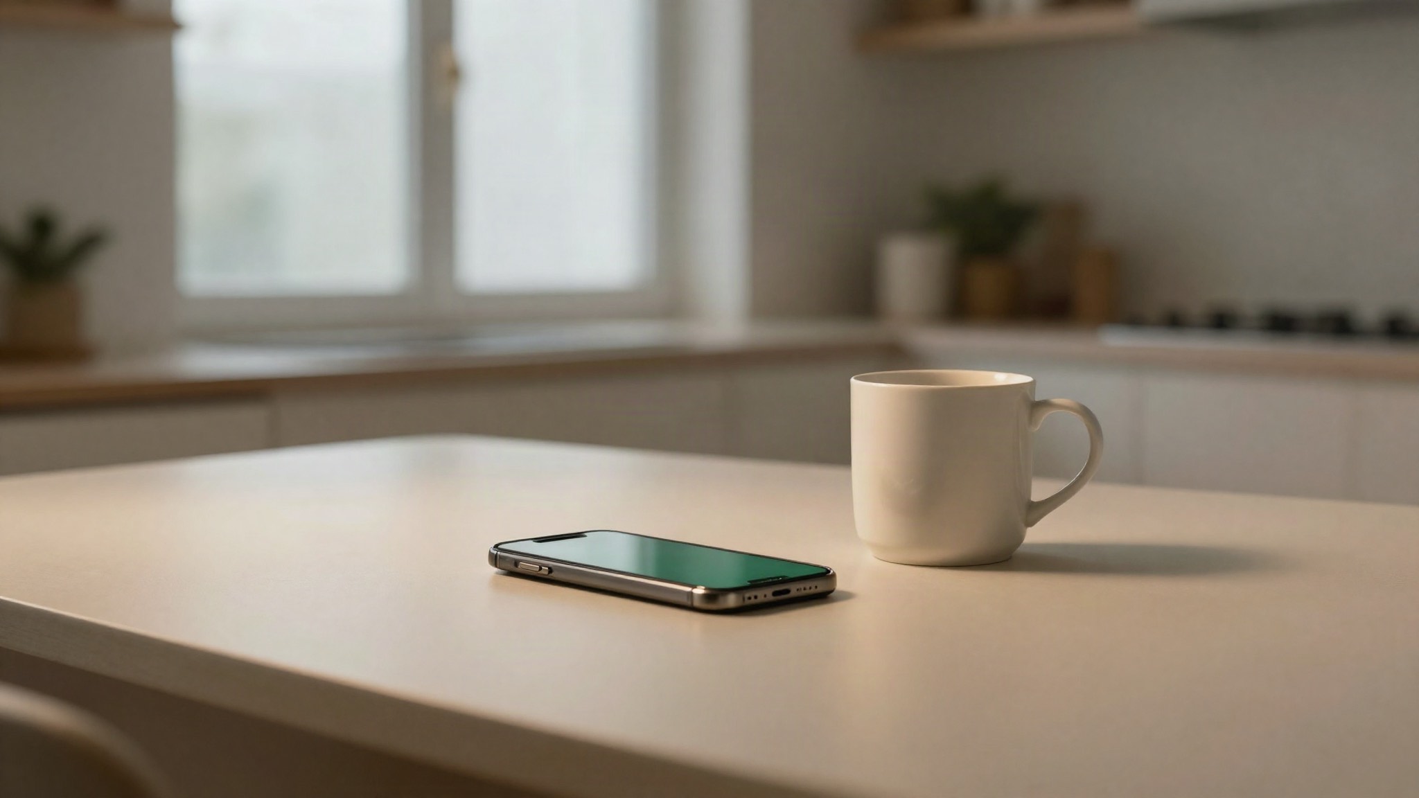 Teléfono móvil sobre la mesa de una cocina de noche, junto a una taza