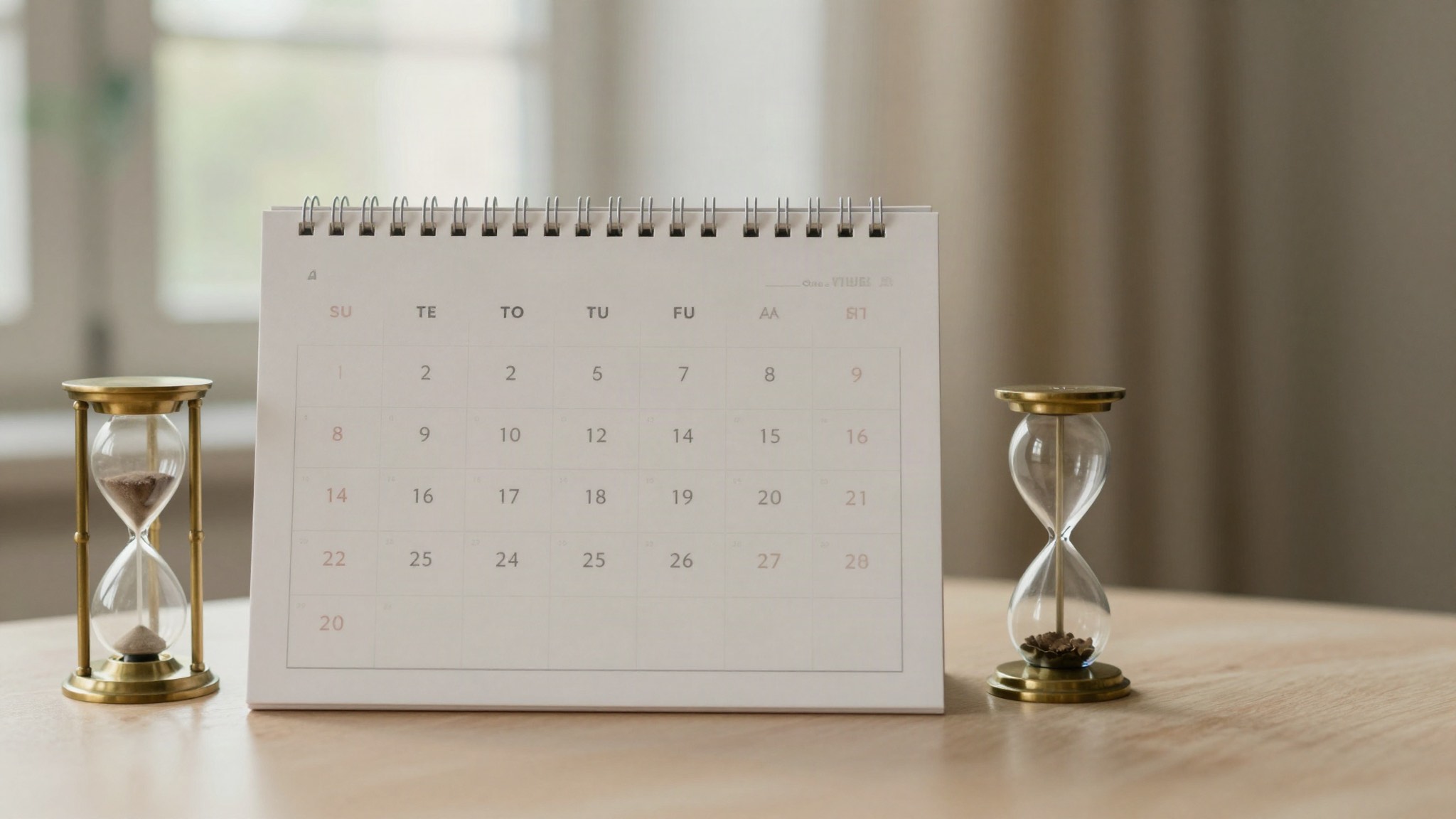 Calendario de sobremesa junto a dos relojes de arena de latón