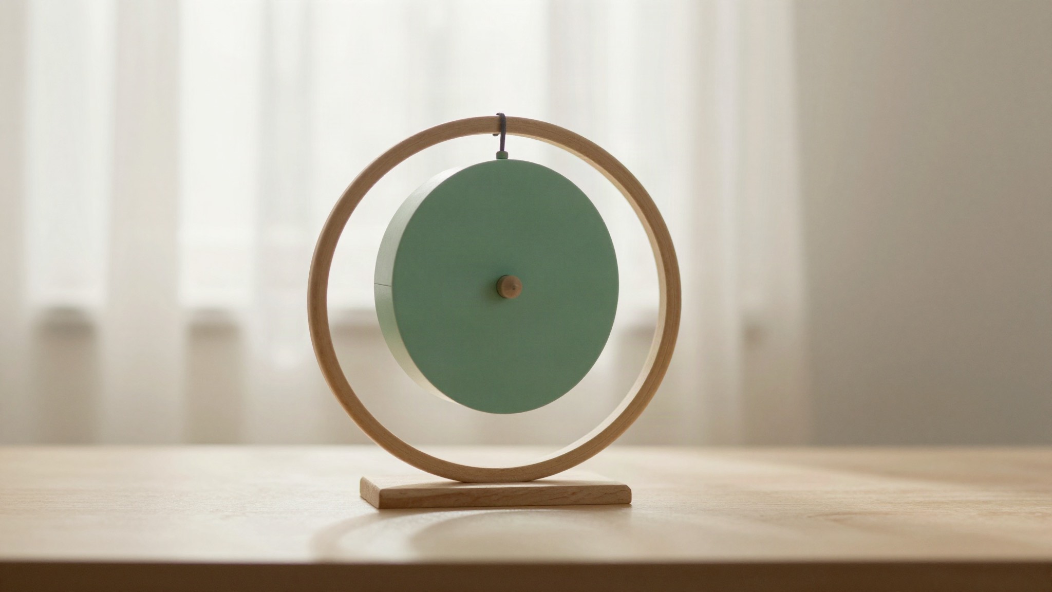 Aro circular de madera en pie sobre una mesa, con su sombra suave