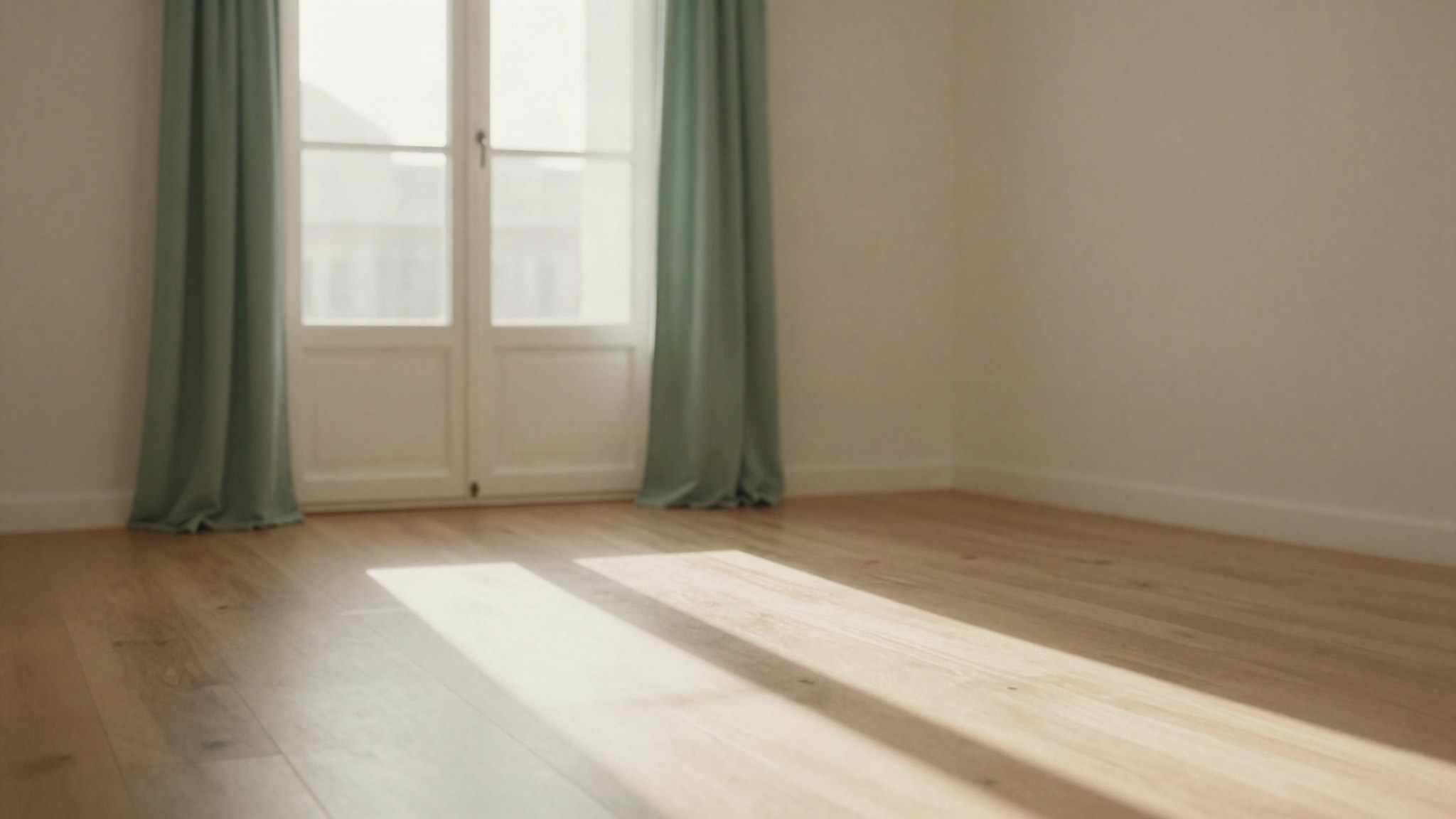 Luz de la mañana cayendo sobre el suelo de madera de un salón vacío
