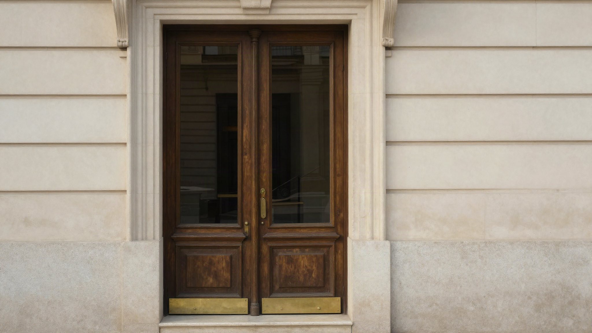 Puerta clásica de un edificio bancario con marco de piedra tallada