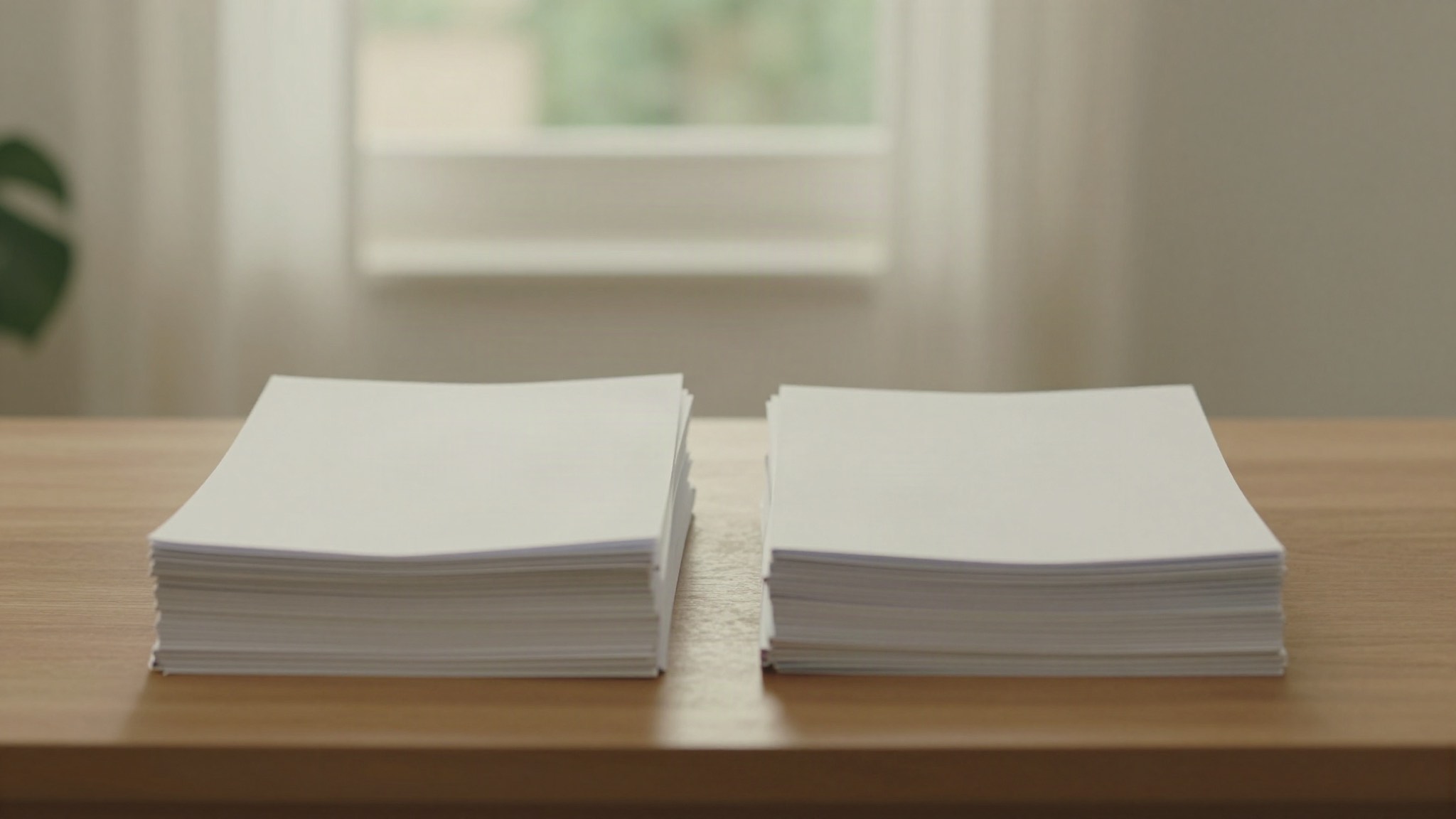 Dos montones de papel de distinta altura, uno alto y otro corto, sobre un escritorio de madera