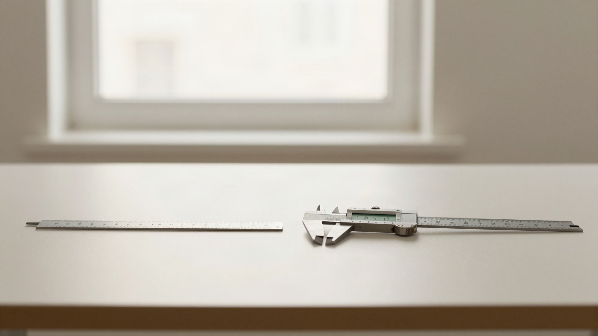 Dos instrumentos de medida sobre un escritorio: una regla y un calibre