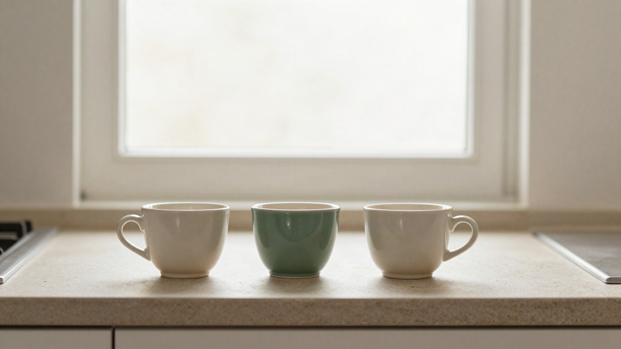 Tres tazas de café distintas en fila sobre una encimera de piedra