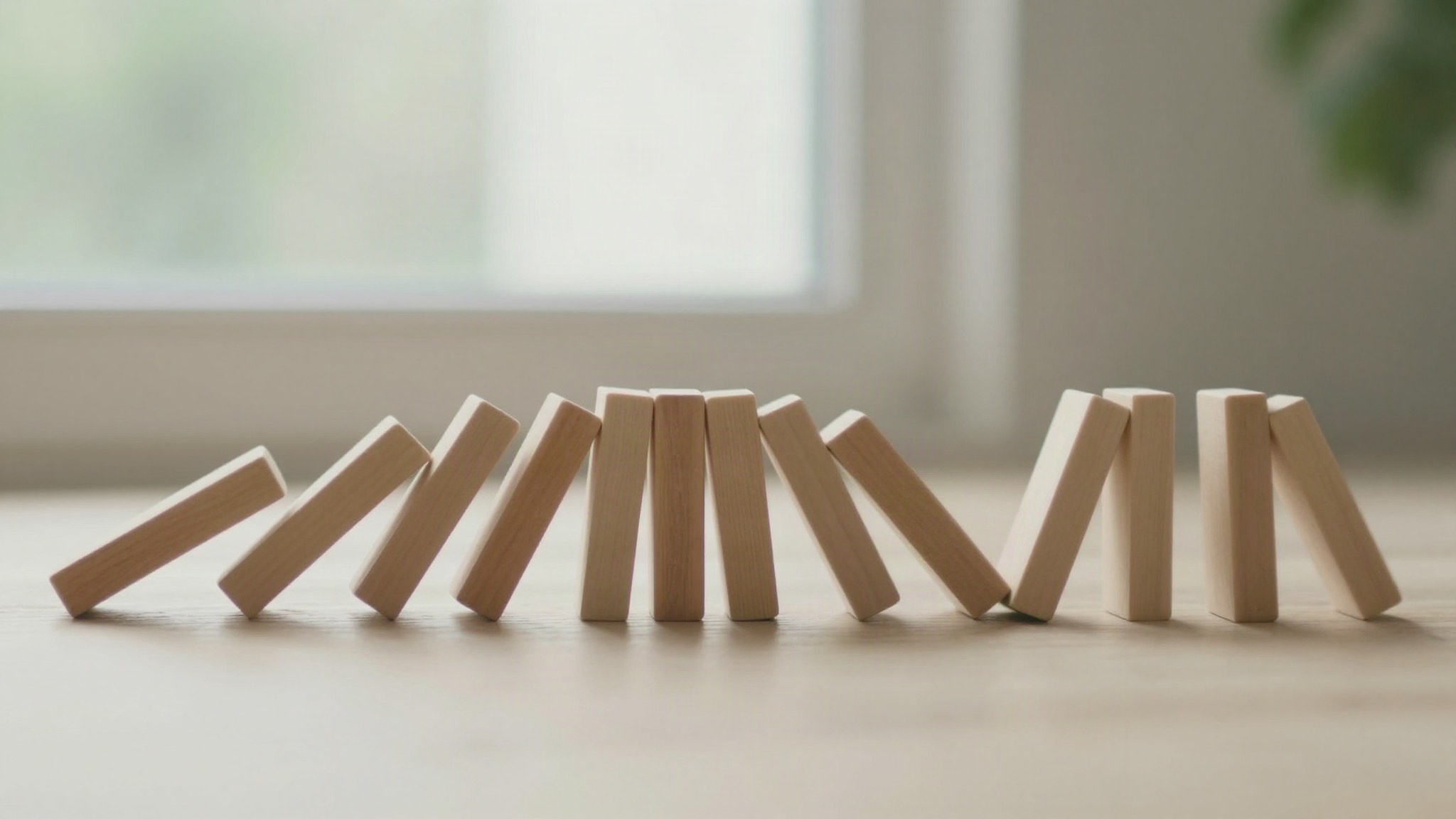 Fila de fichas de dominó de madera en pie, con la primera inclinándose